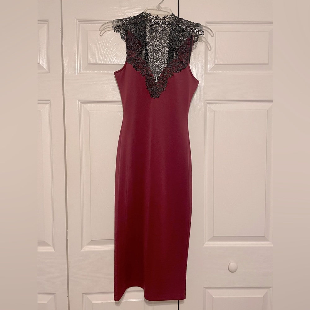 Windsor Maroon Lace Neck Midi Dress